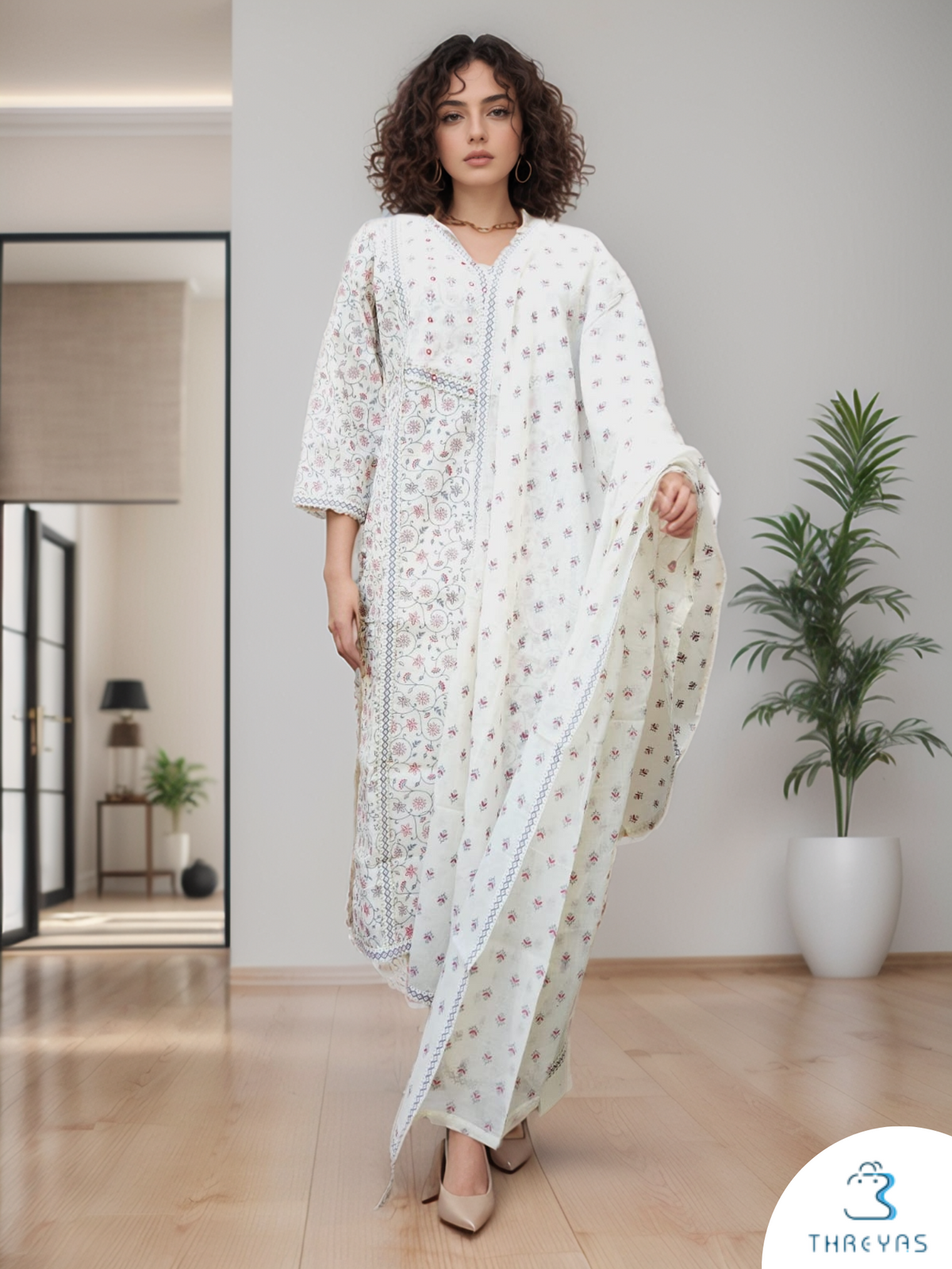 Half White Color Kurtis Set for women with Printed Dupatta