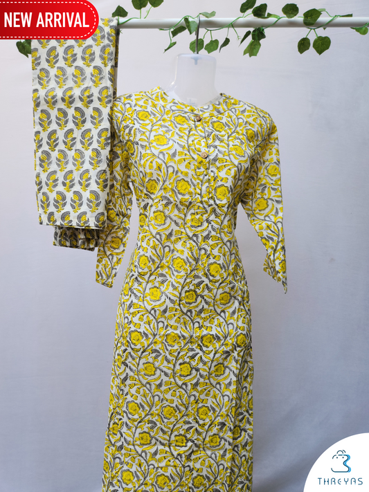 White and Yellow Cotton kurthis Set for women | Stylish Kurthis & Kurtis Sets for Women |  Threyas 