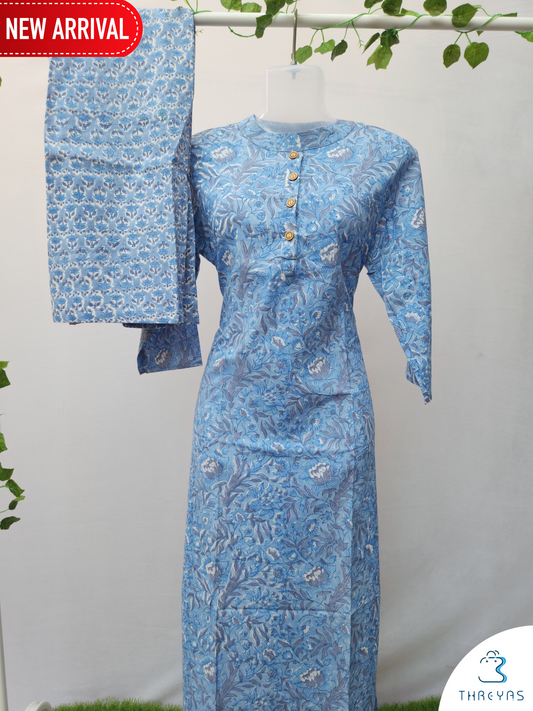 Sky Blue Cotton kurthis Set for women |  Stylish Kurthis & Kurtis Sets for Women  |  Threyas 