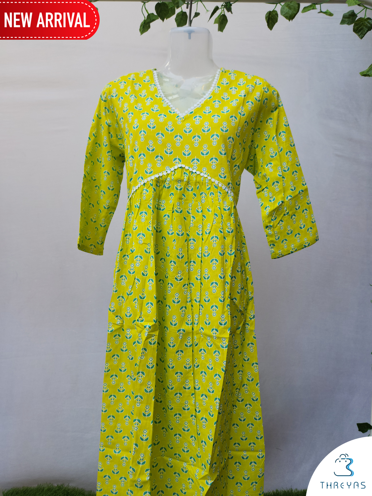 Green Cotton Alia Cut Kurti | Stylish Kurthis & Kurtis Sets for Women | Threyas 