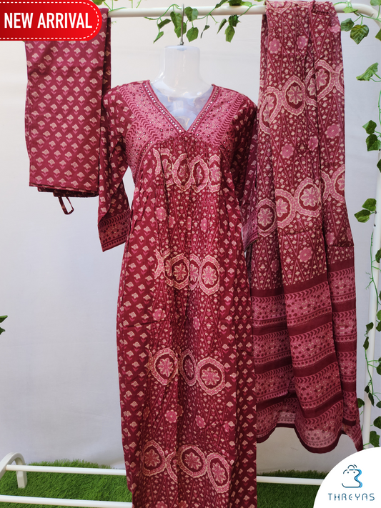 Maroon Alia Cut Cotton Kurthis Set for women | Stylish Kurthis & Kurtis Sets for Women | Threyas 