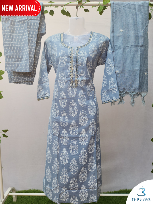 Light Blue Cotton Kurthis Set for women | Stylish Kurthis & Kurtis Sets for Women | Threyas 