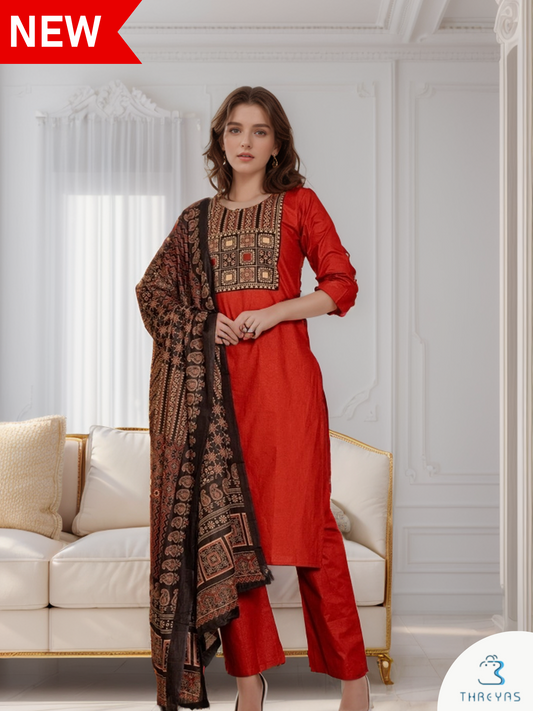 Red Cotton  Kurthis Set for women with printed Duppatta