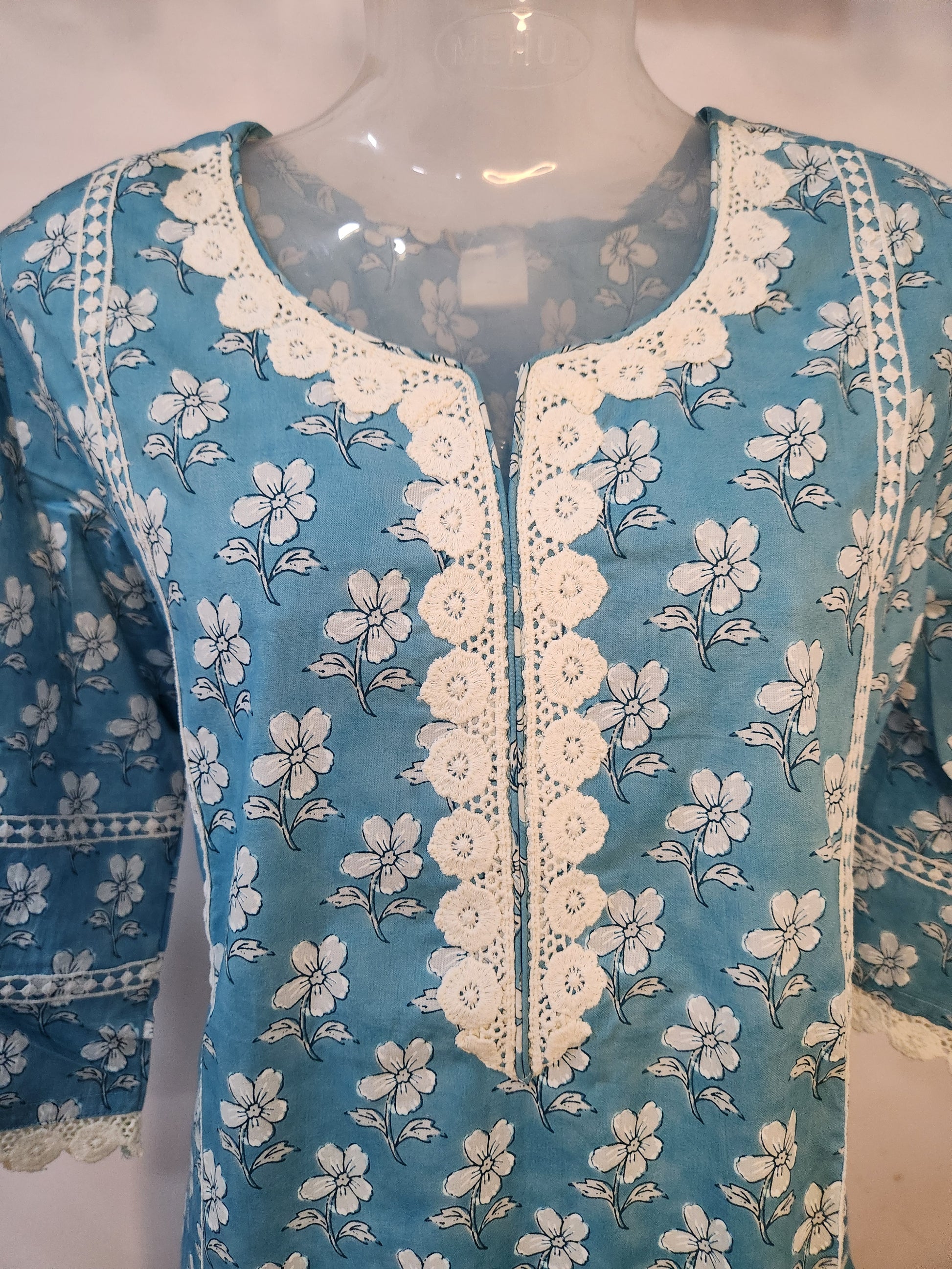 Sky Blue Cotton Kurthis Set Embellished with white Lace for women |  Stylish  Kurthis & Kurtis Sets for Women |  Threyas 
