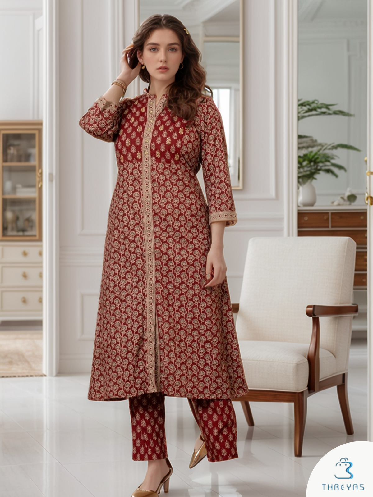 Maroon Block Printed Cotton kurthis Set for women