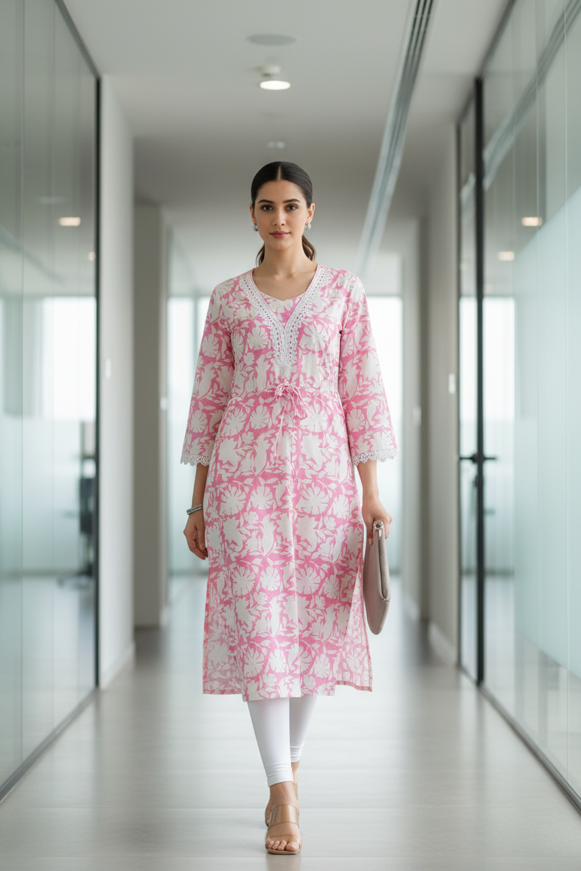 White and Pink Block Printed Long Kurti for Women