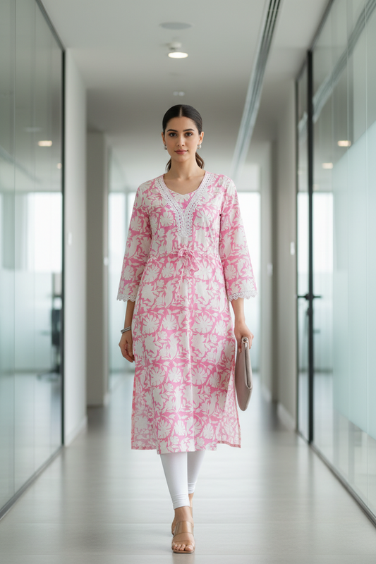 White and Pink Block Printed Long Kurti for Women