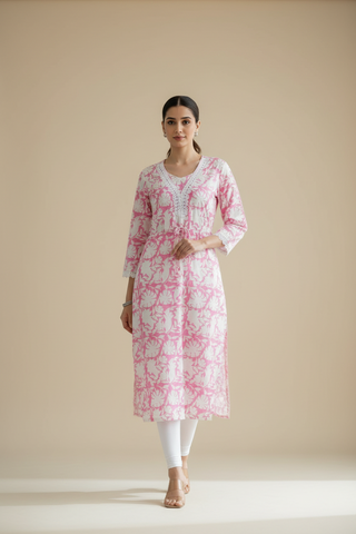 White and Pink Block Printed Long Kurti for Women