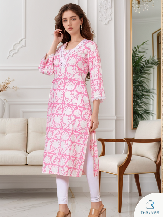 White and Pink Block Printed Long kurti for women