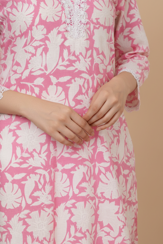 White and Pink Block Printed Long Kurti for Women