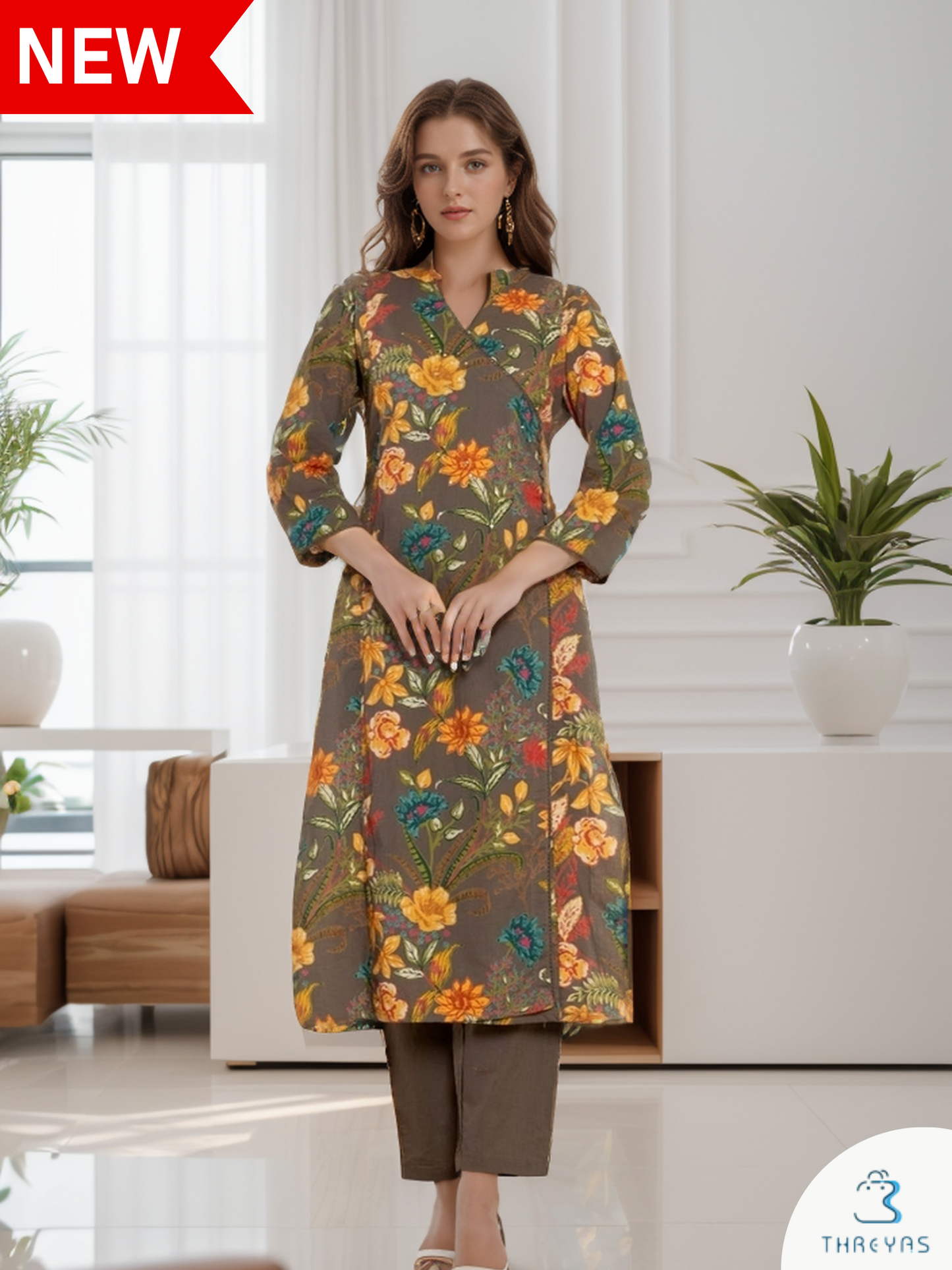 Brown Floral Printed Angrakha Style Cotton Kurthi for women