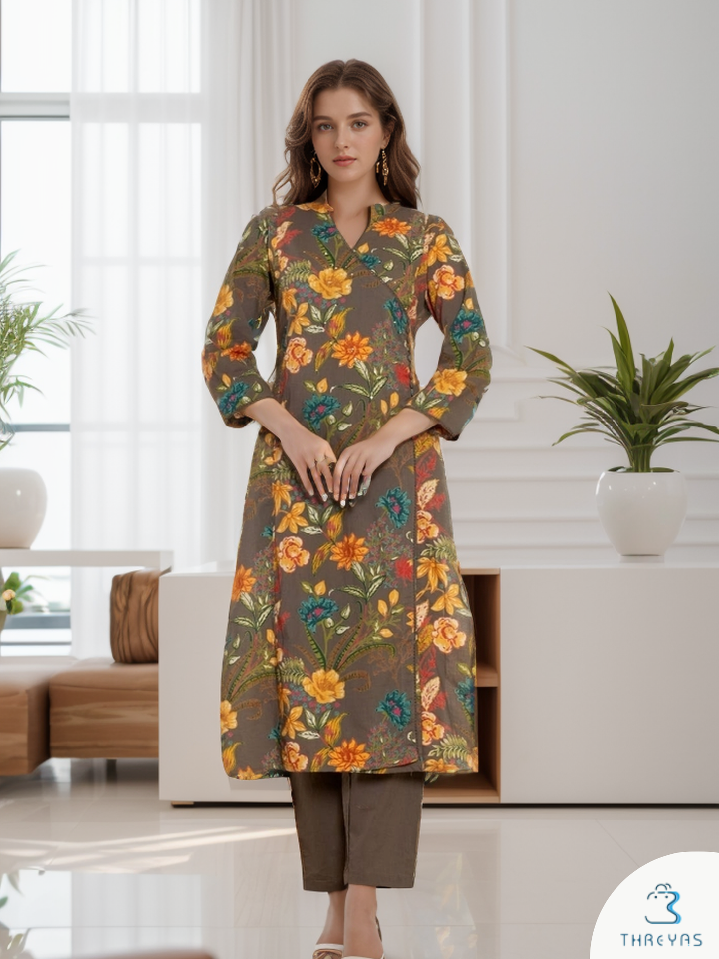 Brown Floral Printed Angrakha Style Cotton Kurthi for women