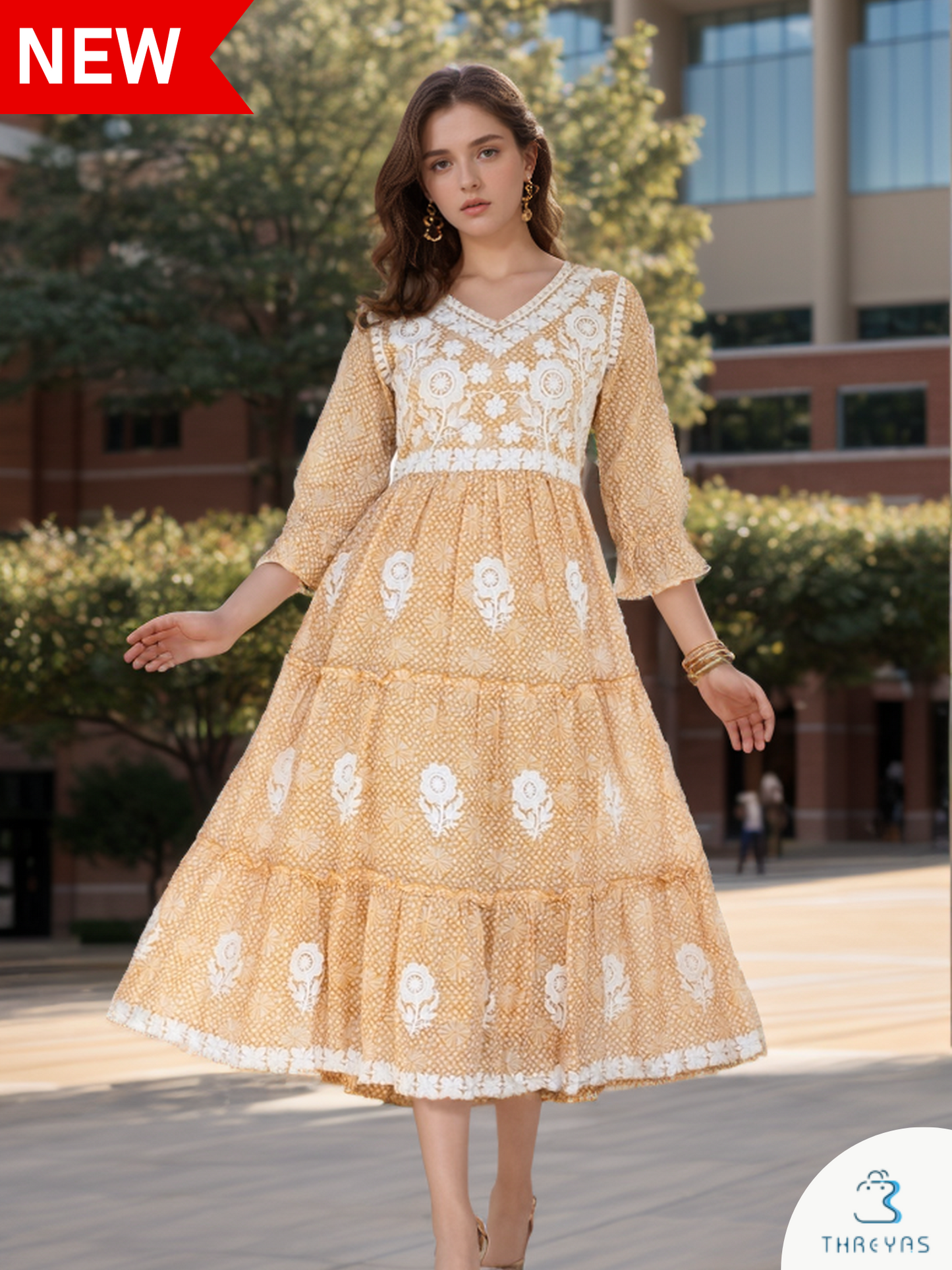 Orange Cotton flared Midi Dress with Thread work