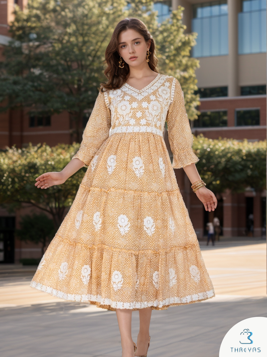 Orange Cotton flared Midi Dress with Thread work