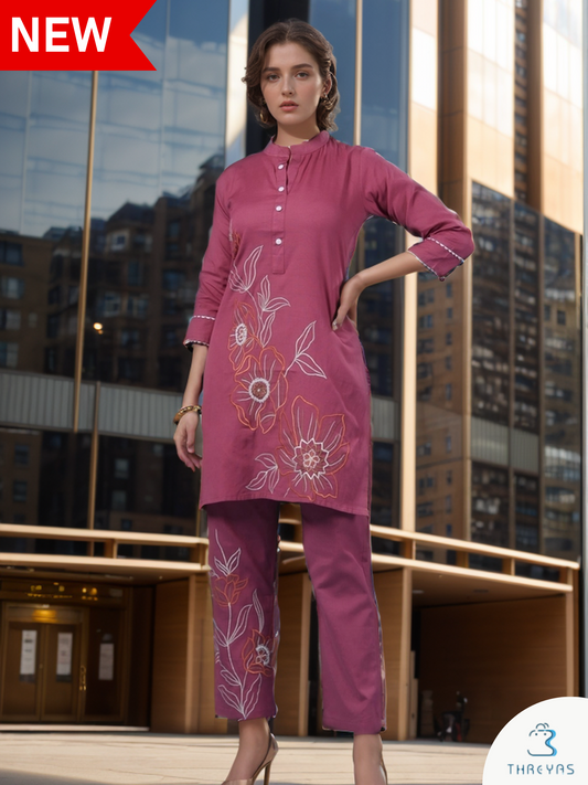 Pink Embroidery Co-Ord kurthi Set for women