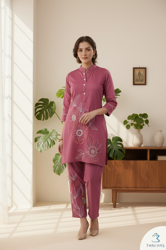 Pink Embroidery Co-Ord Kurti Set for Women