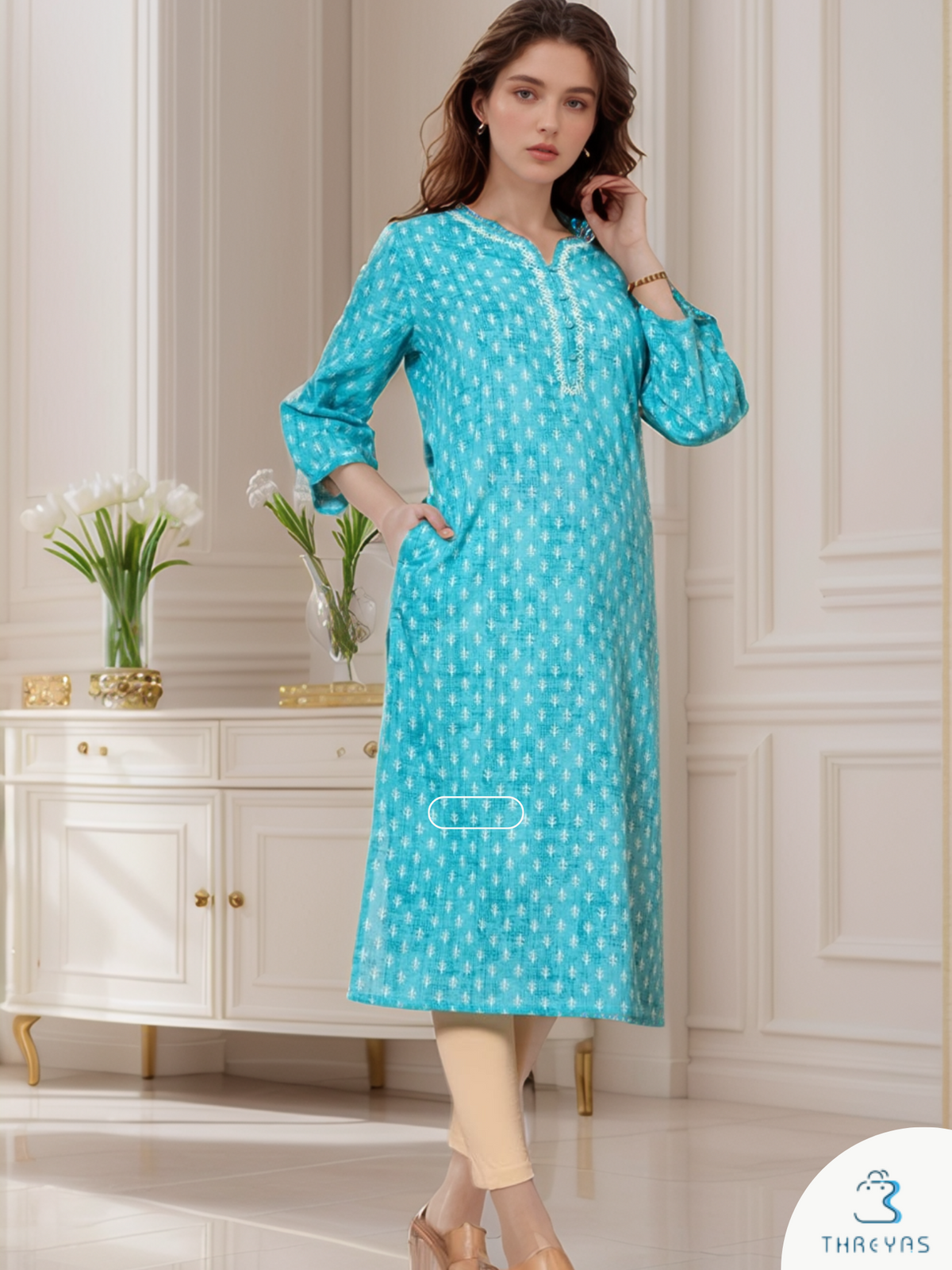 Sky Blue Printed Long kurti for women