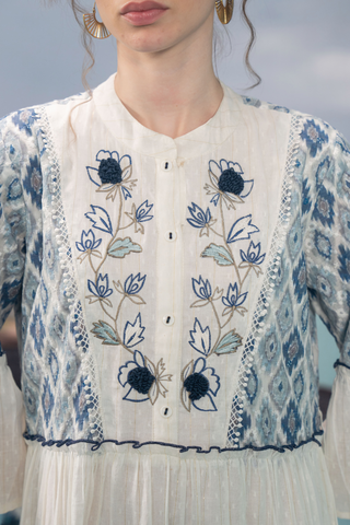 White Cotton flared Dress with Thread work