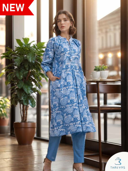 Blue Floral Printed Cotton  Kurthis Set for women with Front Pockets