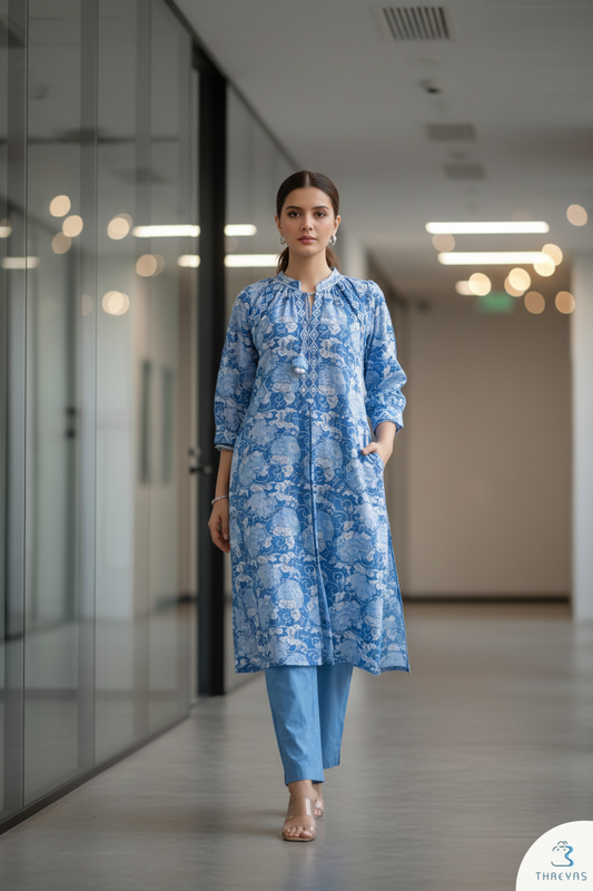Blue Floral Printed Cotton Kurtis Set for Women with Front Pockets