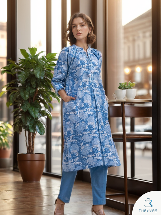 Blue Floral Printed Cotton  Kurthis Set for women with Front Pockets