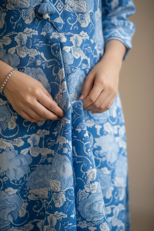 Blue Floral Printed Cotton Kurtis Set for Women with Front Pockets