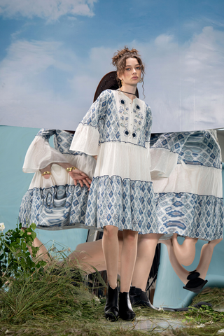 White Cotton flared Dress with Thread work