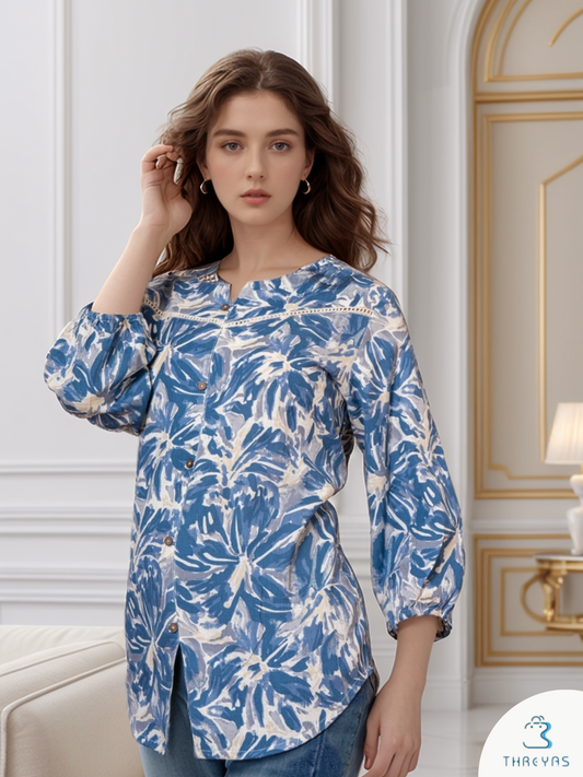 Blue Printed Cotton Short Kurti for women