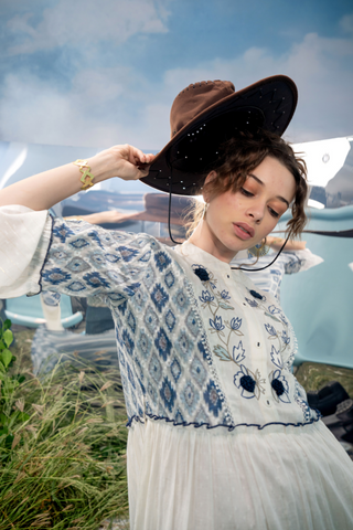 White Cotton flared Dress with Thread work