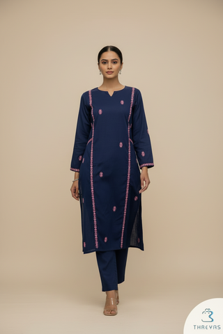 Royal Blue Cotton Kurti Set for Women with Buttis