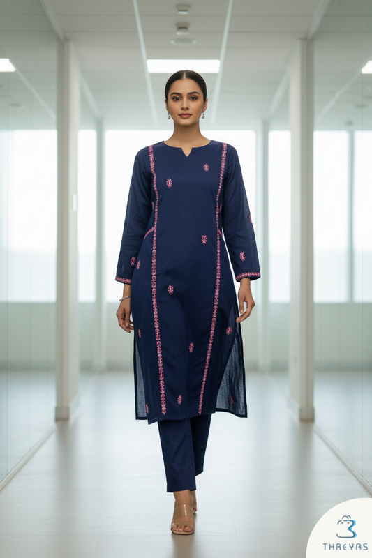 Royal Blue Cotton Kurti Set for Women with Buttis