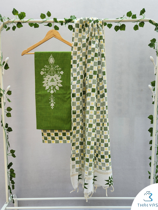 Light Green & White Cotton Dress Material with Dupatta