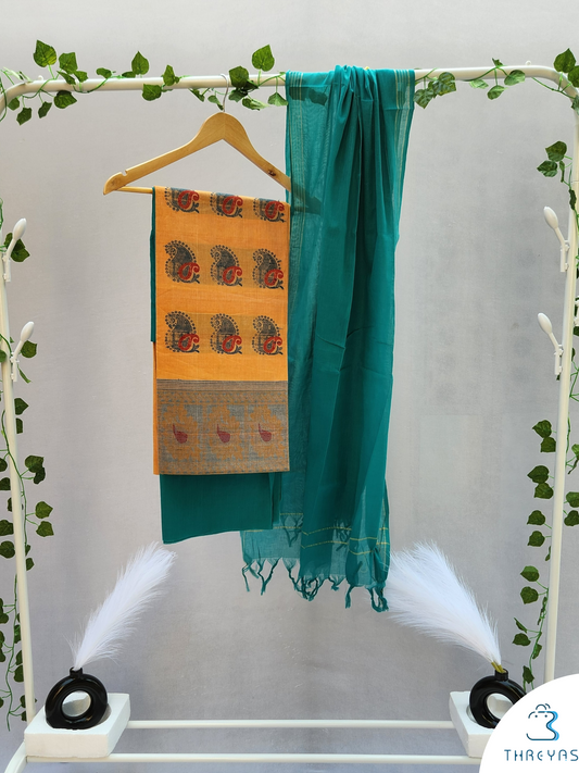 Blue & Neon Orange Cotton Dress Material with Dupatta