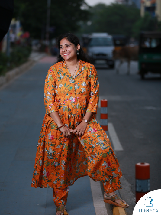 Orange Hand Block Cotton Printed Co-Ord kurthi Set for women | Stylish  Kurthis & Kurtis Sets for Women | Threyas 