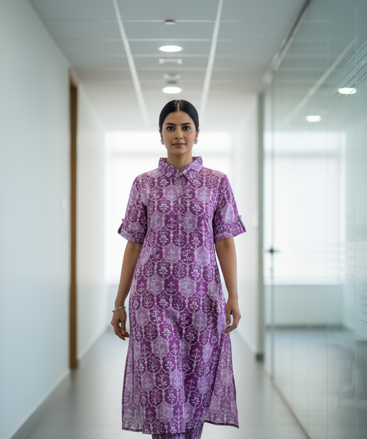 Purple Pure Cotton Kurti Set with Straight Pant for Women