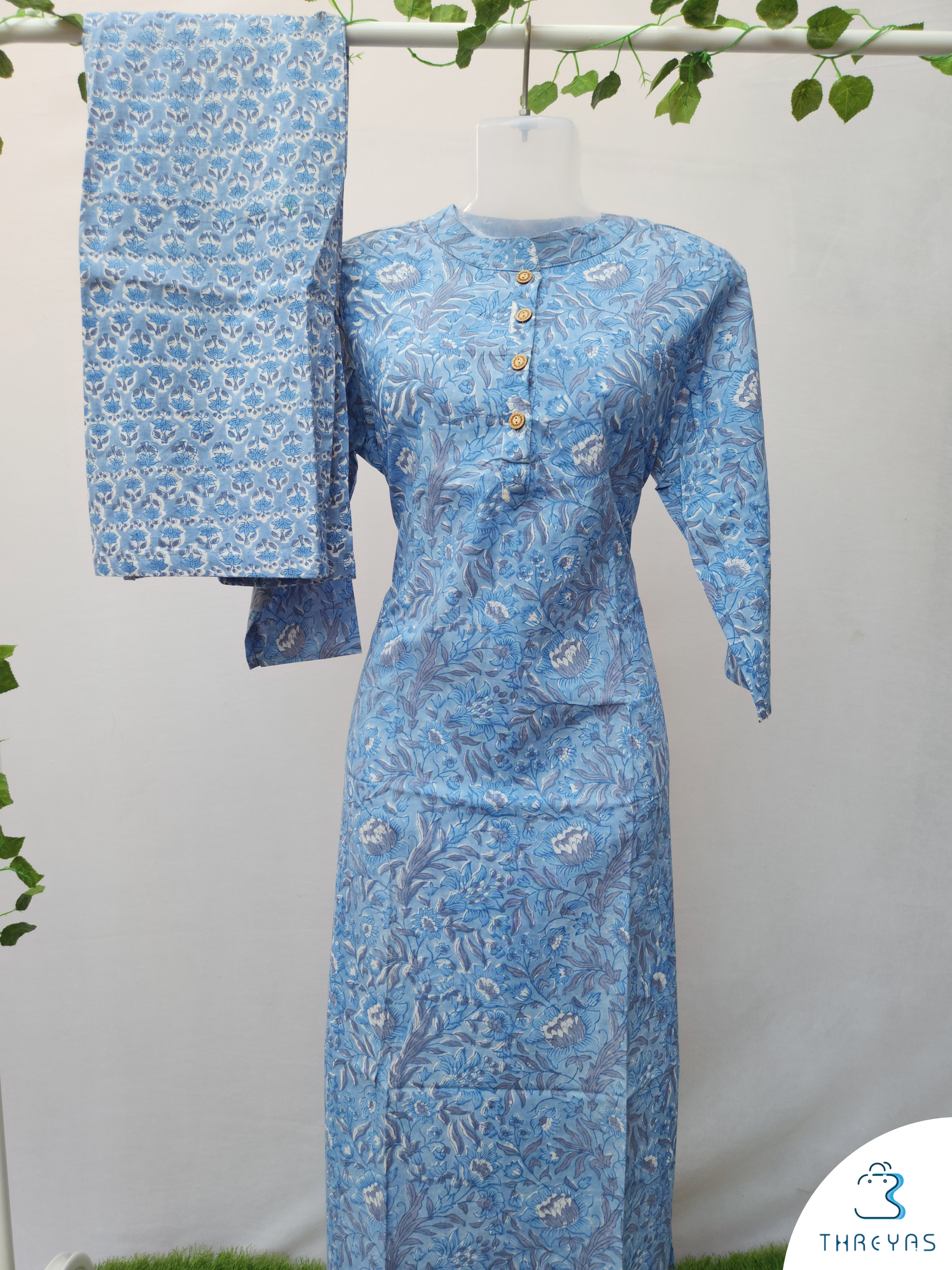 Sky Blue Cotton kurthis Set for women |Stylish Kurthis & Kurtis Sets for Women |Threyas 
