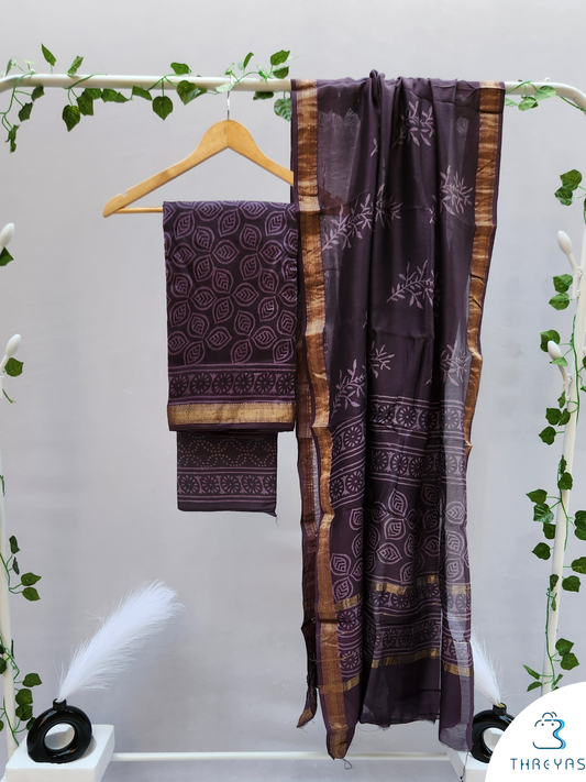 Voilet Hand Block Printed Maheshwari Silk Dress Material with Dupatta
