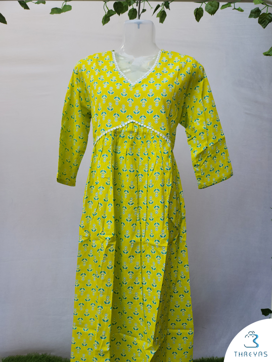 Green Cotton Alia Cut Kurti | Stylish Kurthis & Kurtis Sets for Women | Threyas 