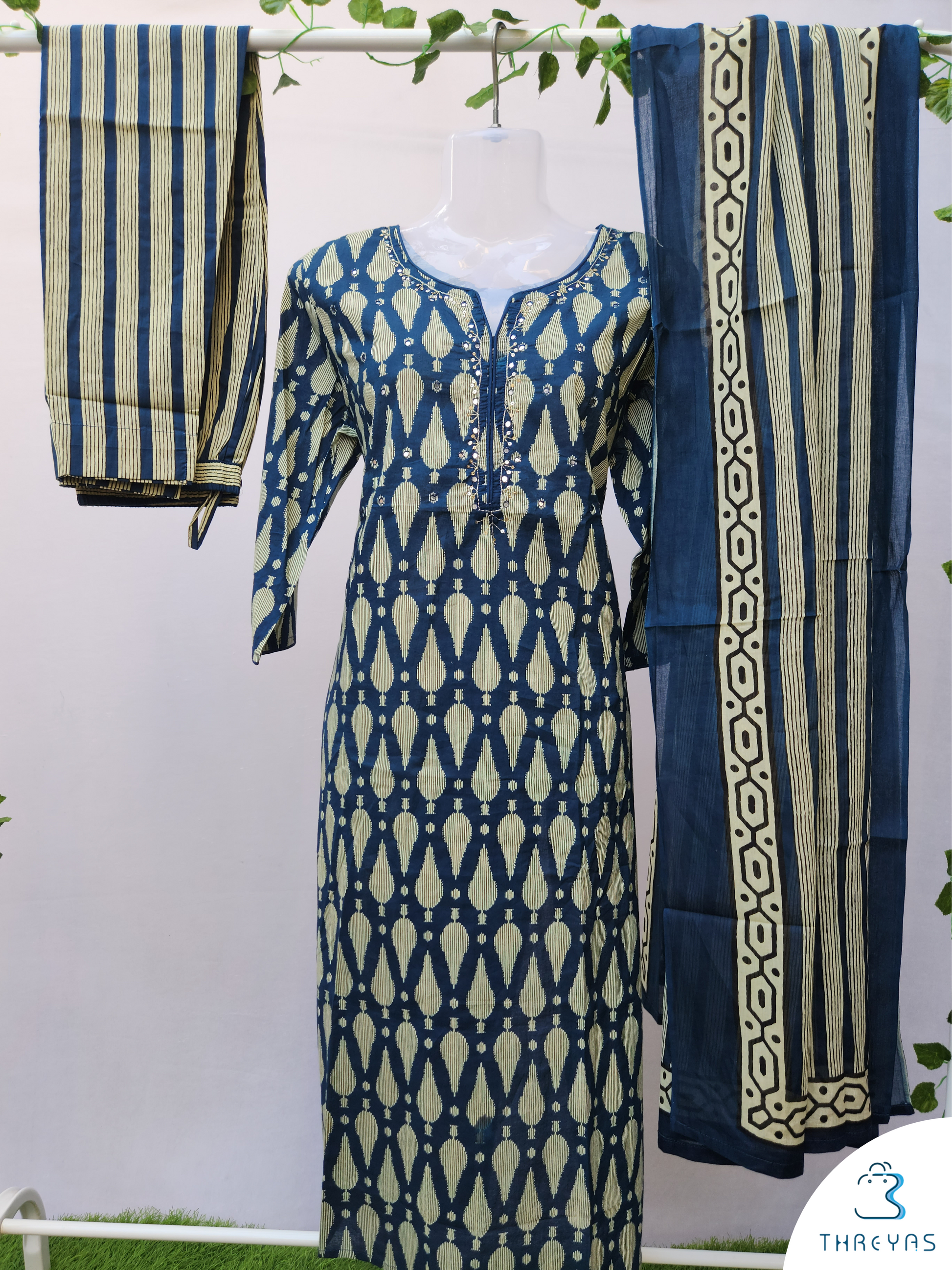 Navy Blue Cotton kurthis Set for women | Stylish Kurthis & Kurtis Sets for Women | Threyas 
