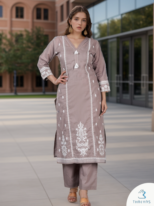 Gray Thread work Cotton  Kurthis Set for women