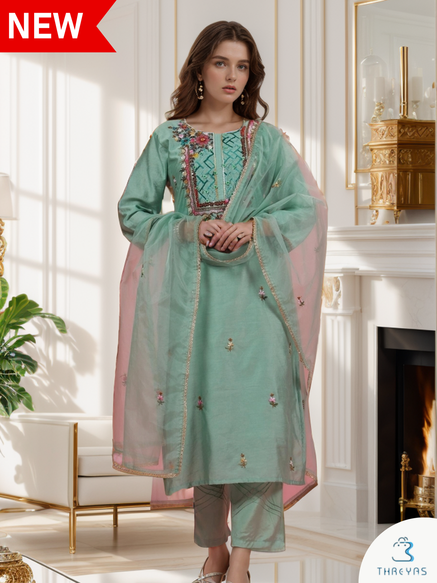 Sea Green Cotton Kurtis Set for women with Chanderi Dupatta