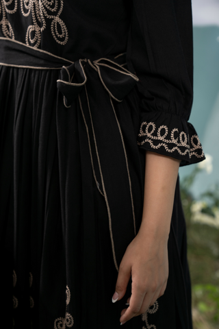 Black Cotton flared Midi Dress with Thread work