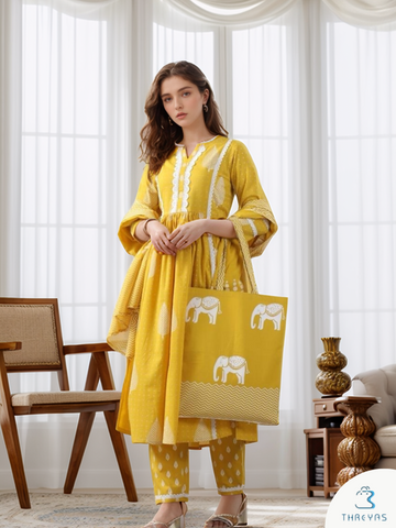 Yellow Color Kurtis Set for women with Printed Dupatta and Matching Bag