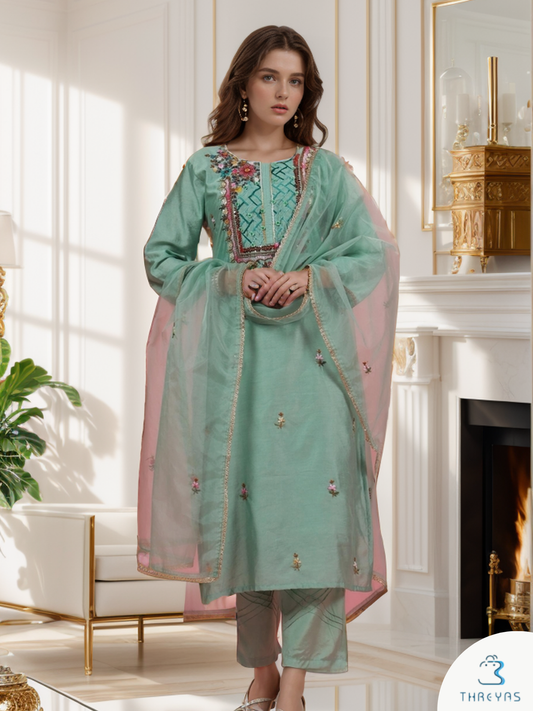 Sea Green Cotton Kurtis Set for women with Chanderi Dupatta