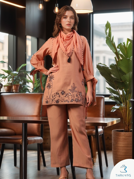 Rust Colored Embroidery Co-Ord Set for women