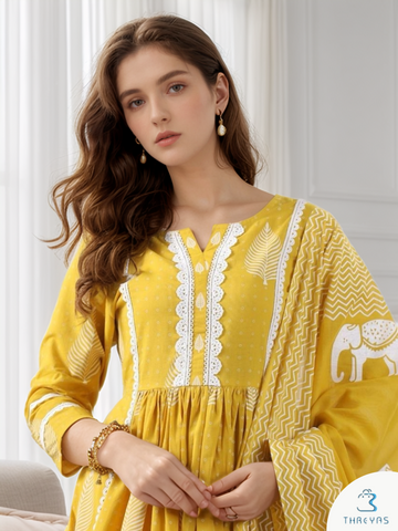 Yellow Color Kurtis Set for women with Printed Dupatta and Matching Bag