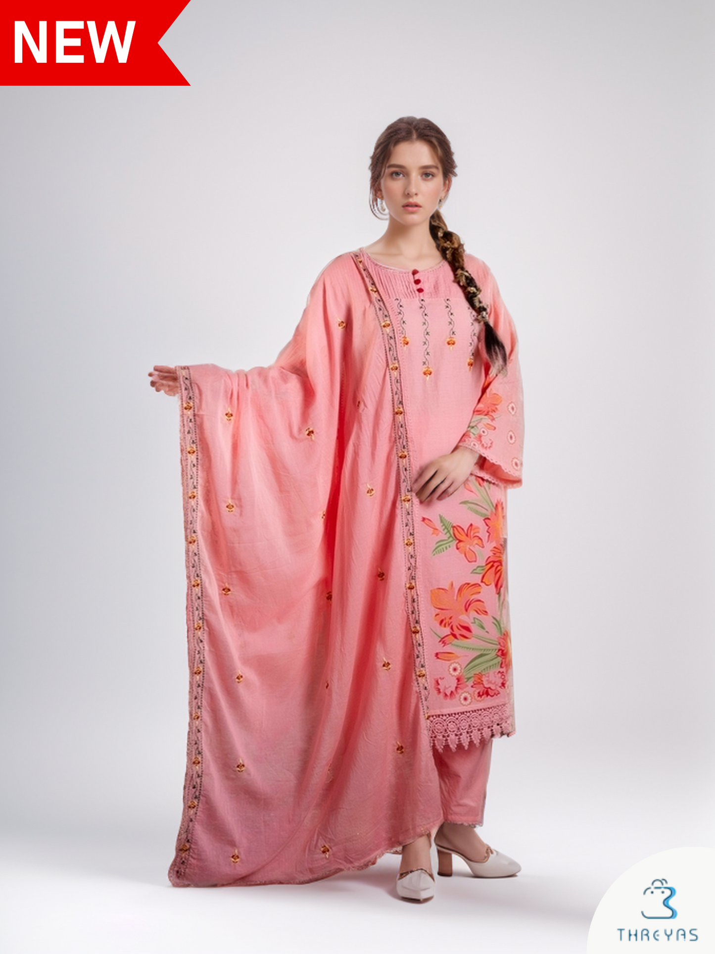 Peach Cotton Kurtis Set for women with Chanderi Dupatta