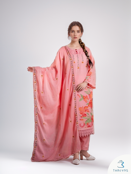 Peach Cotton Kurtis Set for women with Chanderi Dupatta