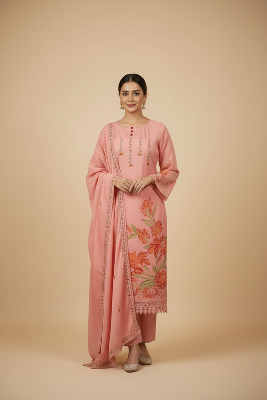 Peach Cotton Kurtis Set for Women with Chanderi Dupatta