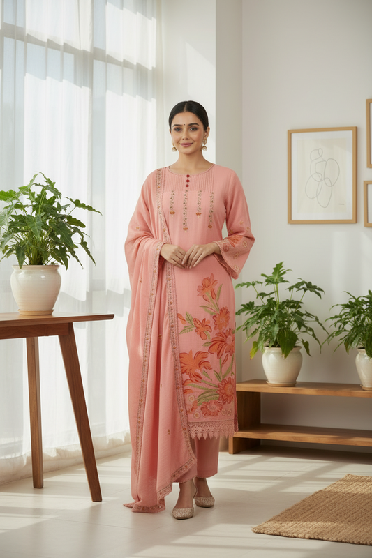 Peach Cotton Kurtis Set for Women with Chanderi Dupatta